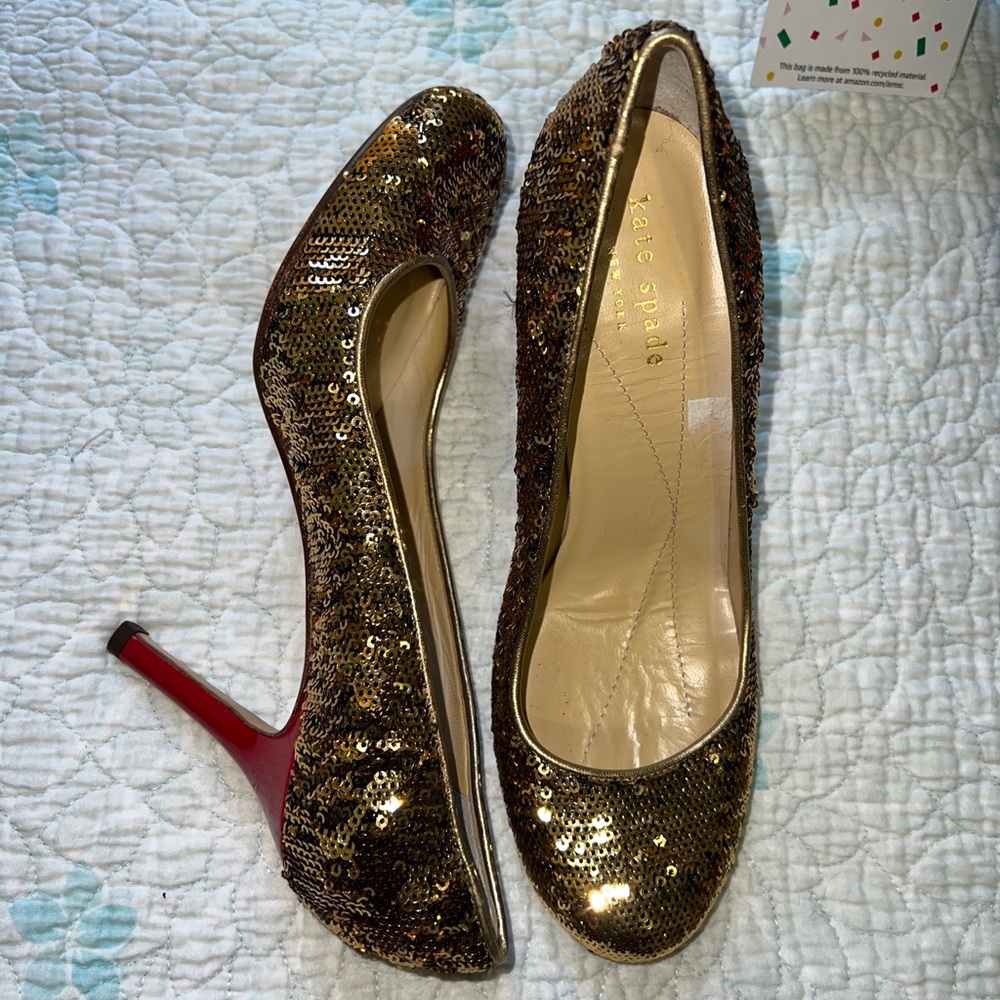 KATE SPADE KAROLINA Size 6 B Gold Sequin Red Heel Pumps Shoes